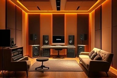 Inspiring music studio interior with soundproofing and warm lighting.